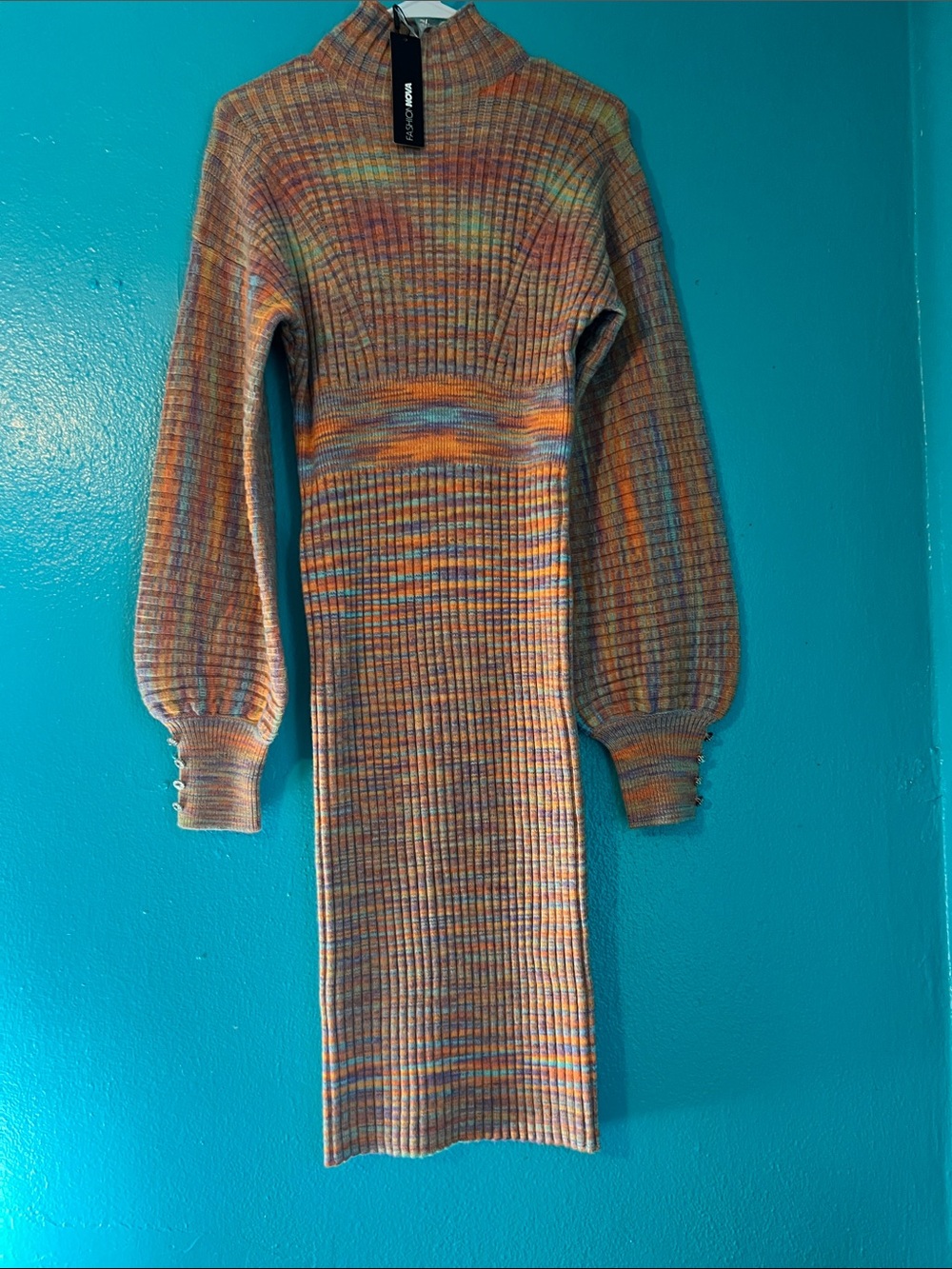 Striped Ribbed Midi Sweater Dress with Balloon Sleeves - Picture 3 of 9